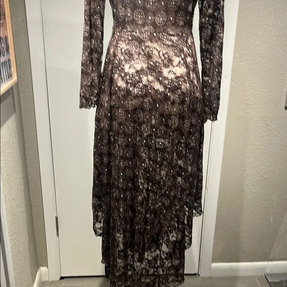 Adore Brown Tan Asymmetrical Gown with Bishop Sleeves - Picture 6 of 16